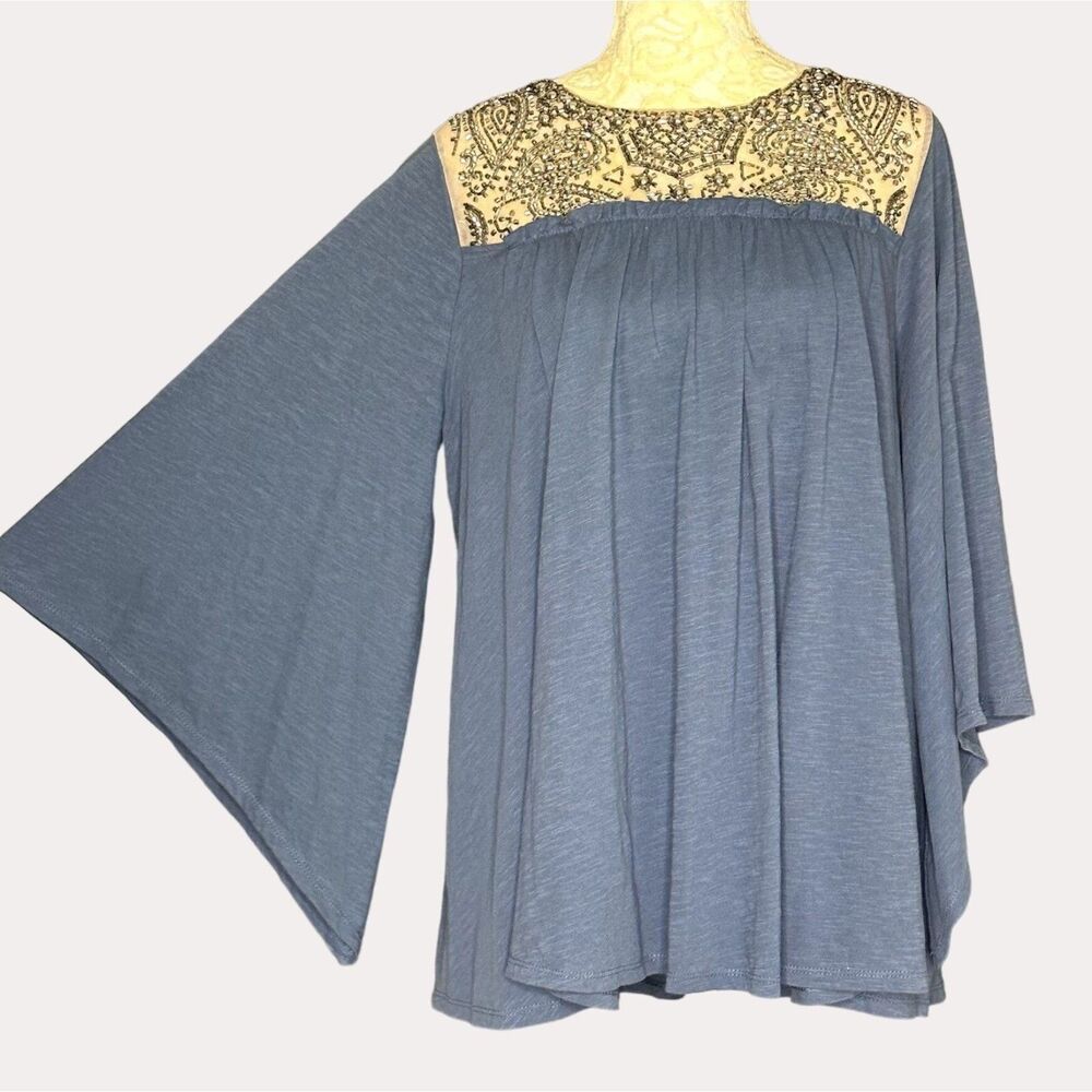 Deletta Anthropologie Josephine Boho Bead Embellished Peasant Blouse Top Blue S